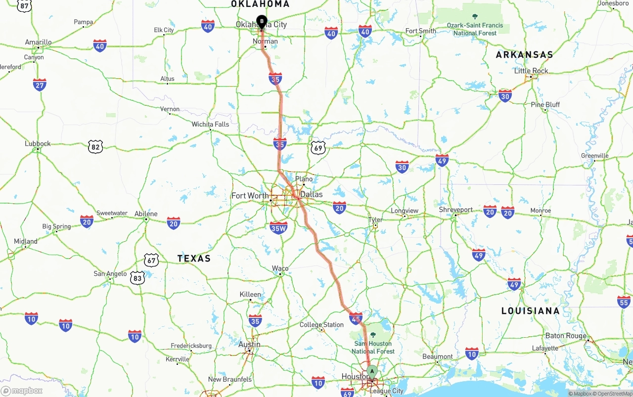 Shipping route from Houston to Oklahoma City