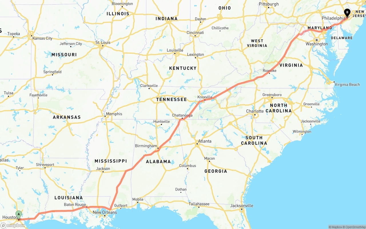 Shipping route from Houston to Philadelphia