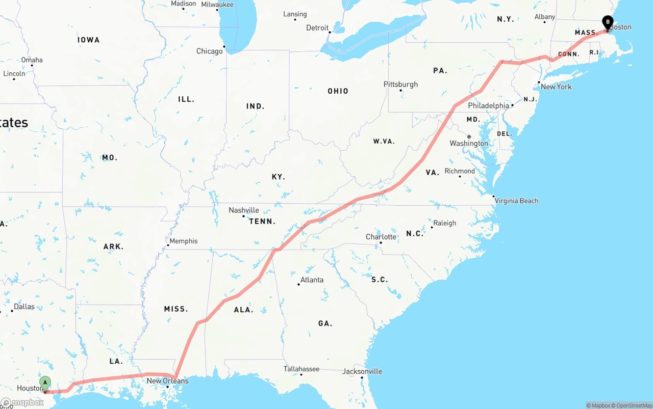 Shipping route from Houston to Port of Boston