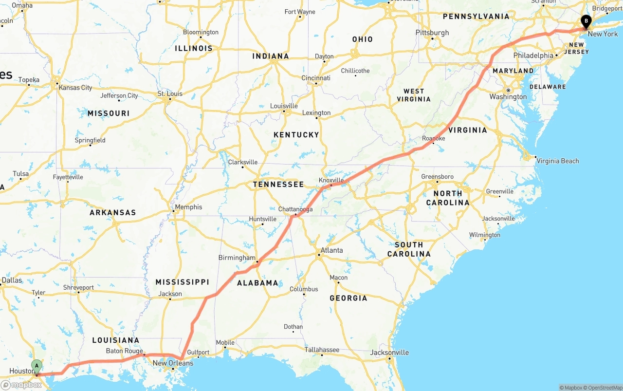 Shipping route from Houston to Port of New York