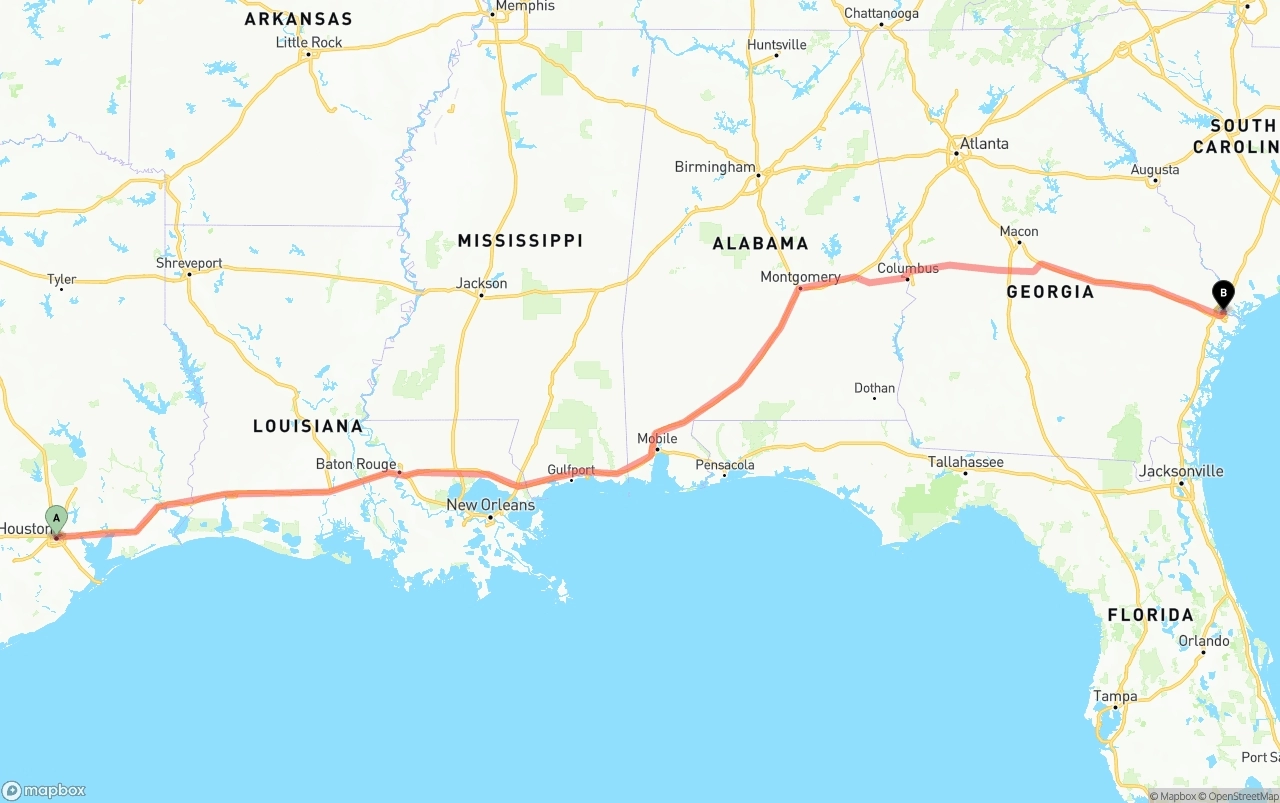 Shipping route from Houston to Port of Savannah