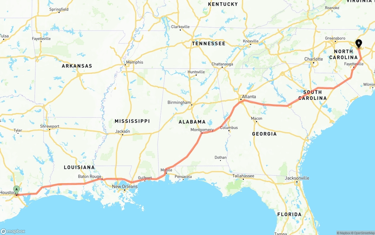 Shipping route from Houston to Raleigh