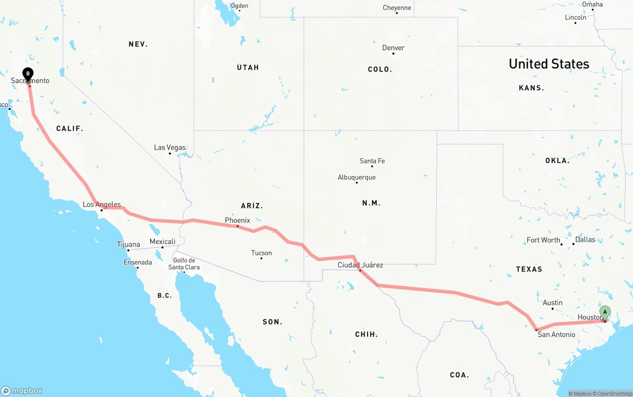 Shipping route from Houston to Sacramento International Airport