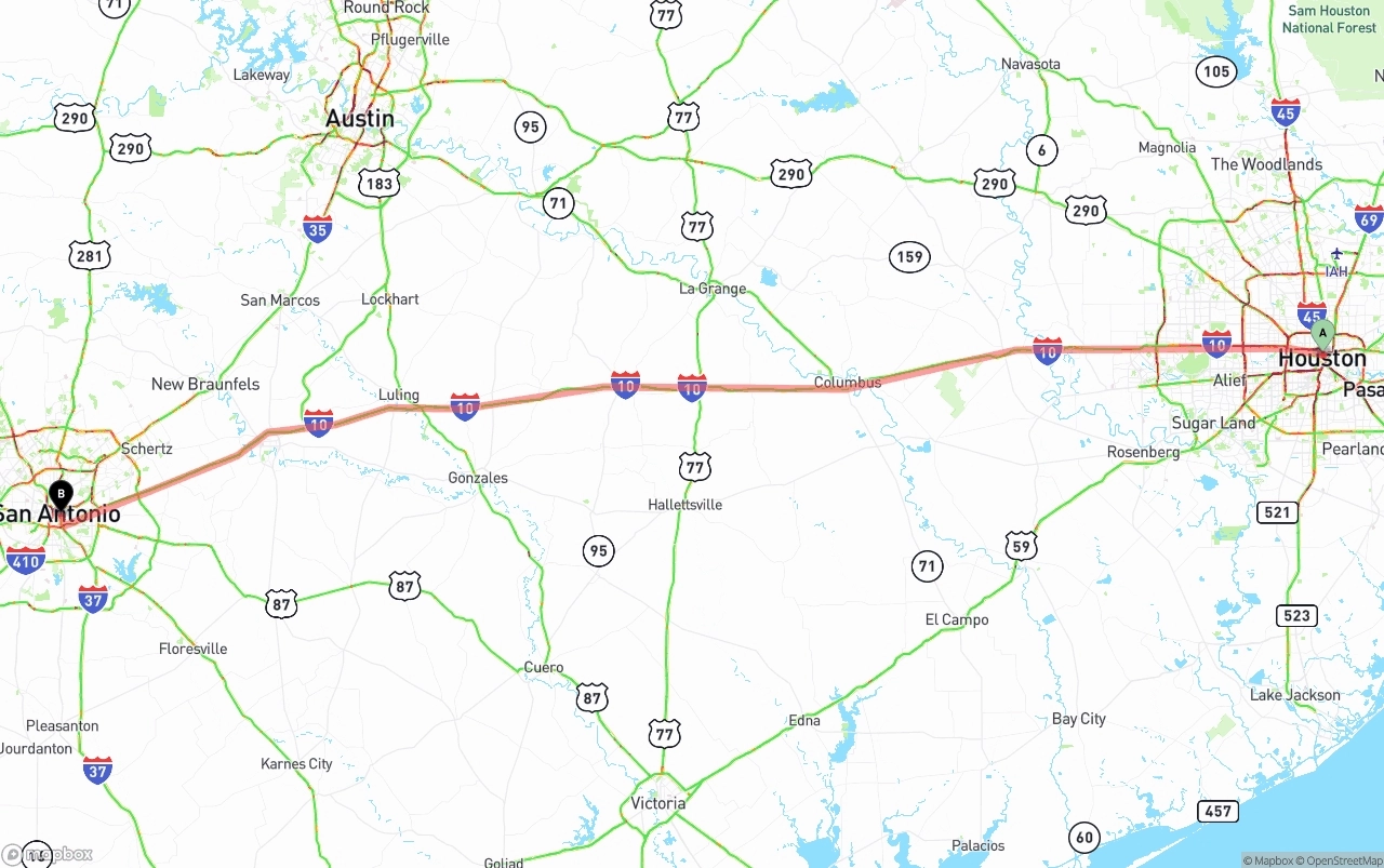 Shipping route from Houston to San Antonio