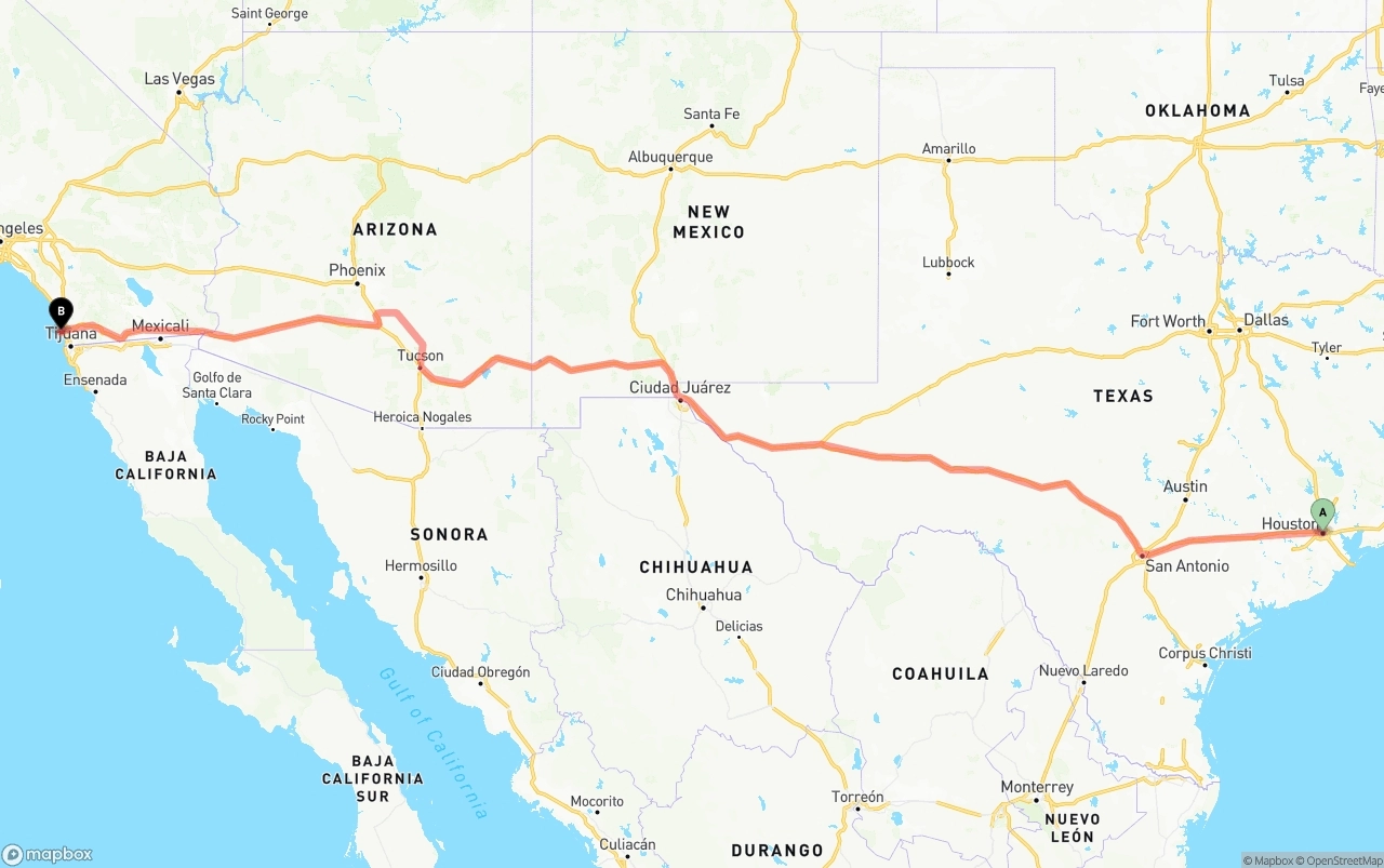 Shipping route from Houston to San Diego International Airport