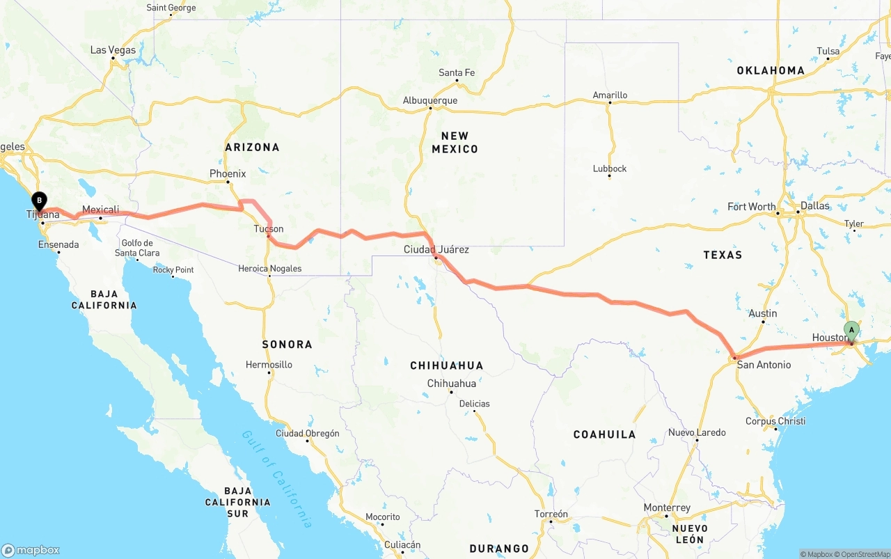 Shipping route from Houston to San Diego