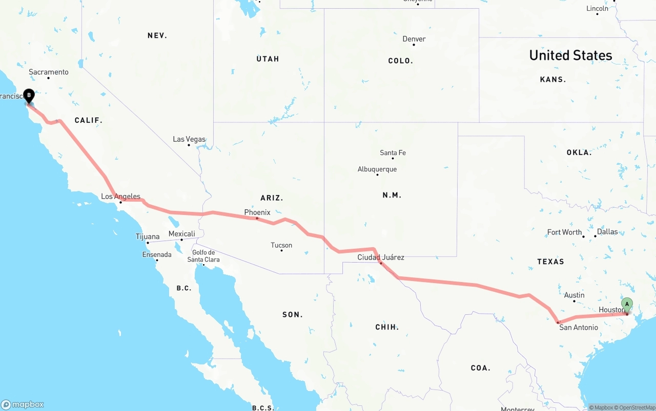 Shipping route from Houston to San Francisco International Airport