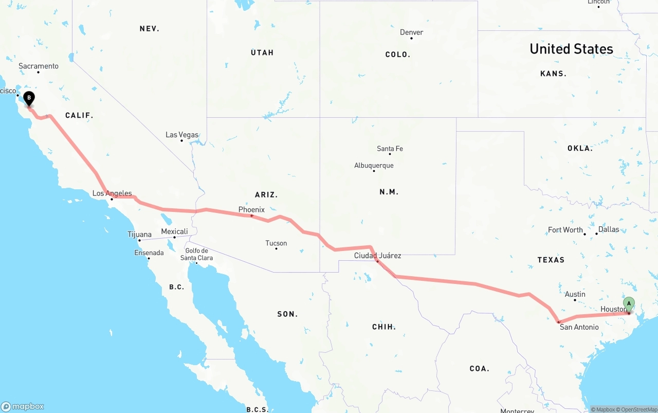 Shipping route from Houston to San Jose