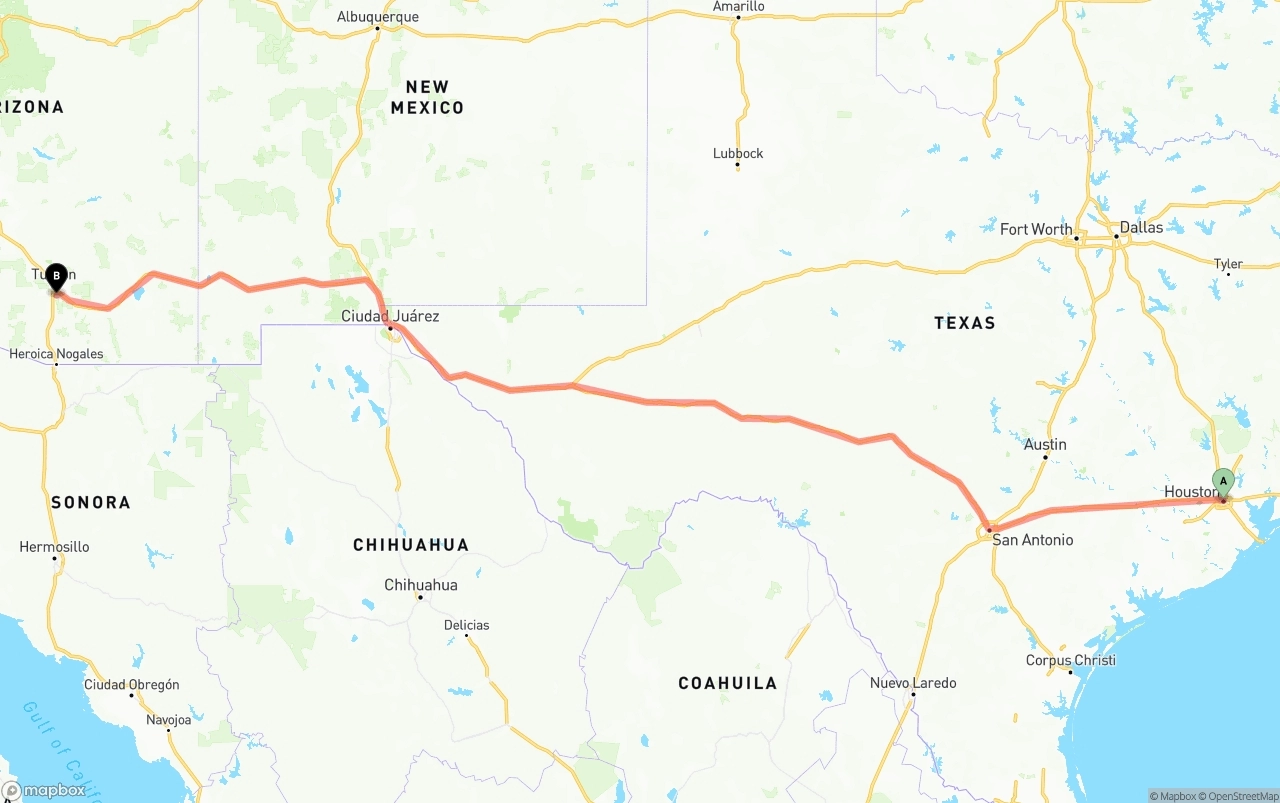 Shipping route from Houston to Tucson International Airport