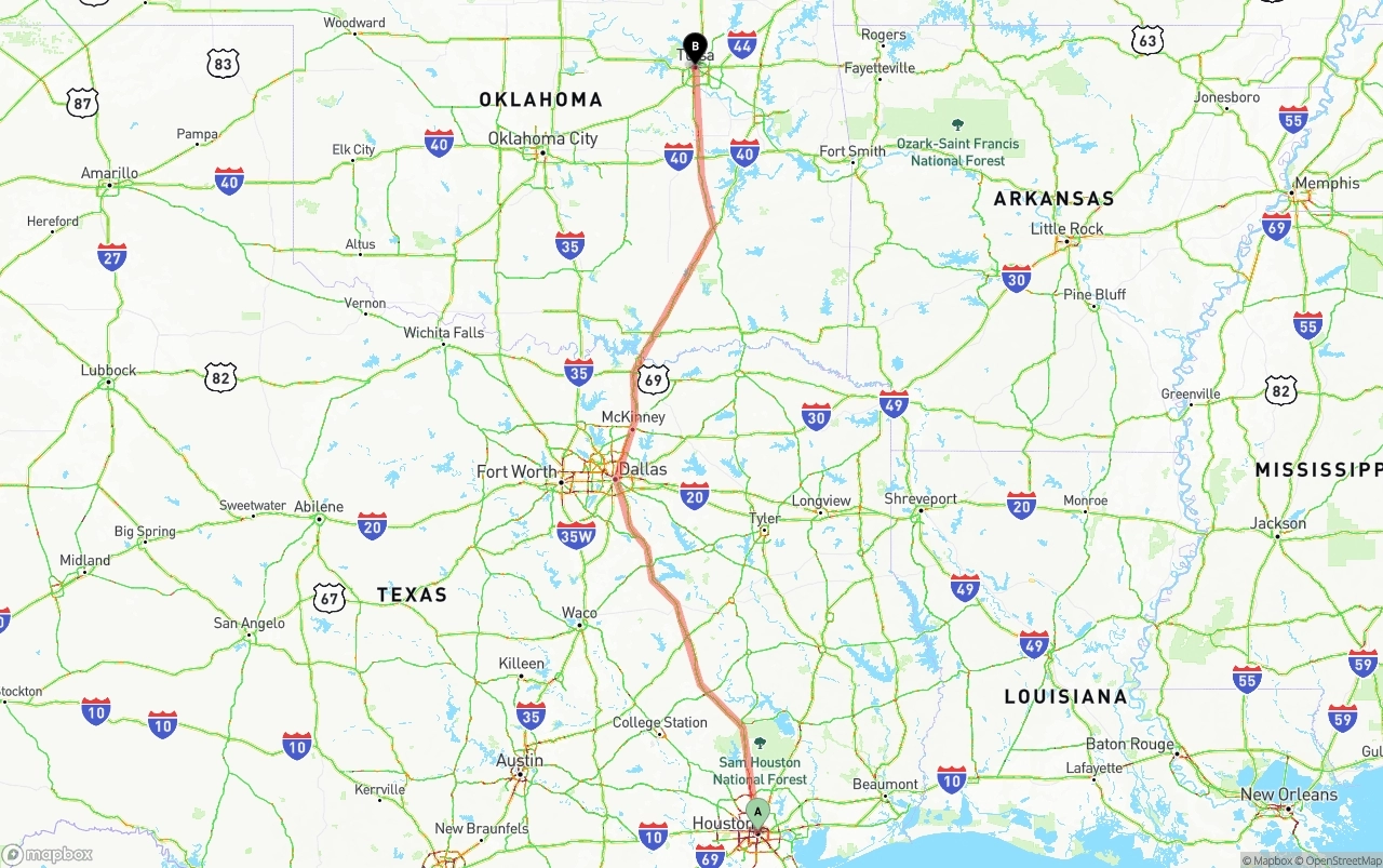 Shipping route from Houston to Tulsa