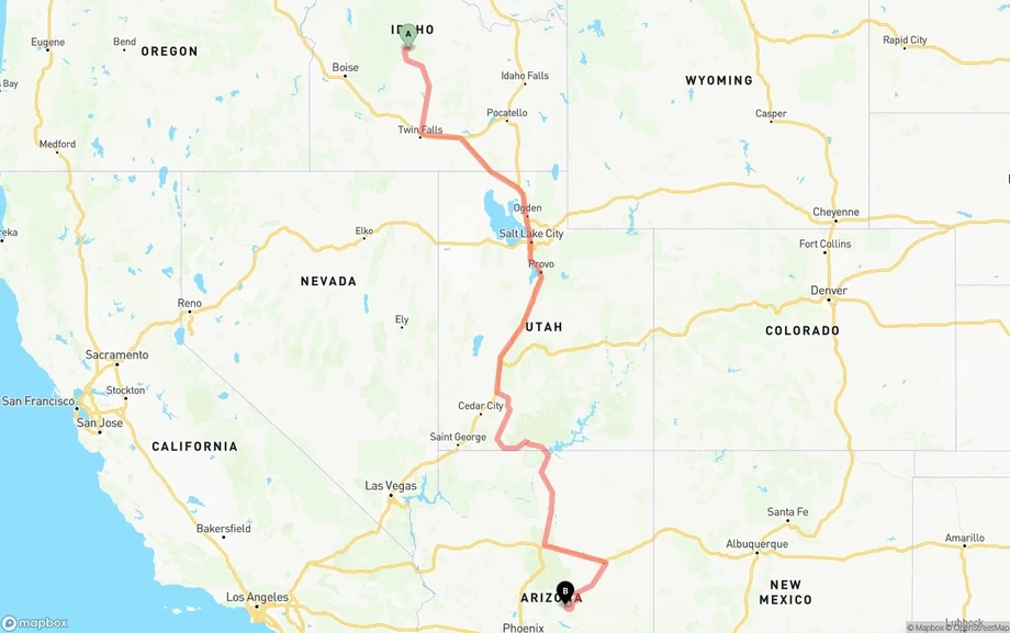 Idaho to Arizona freight shipping route map