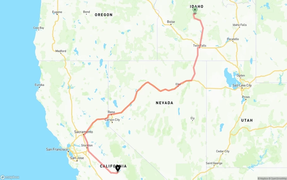 Idaho to California freight shipping route map
