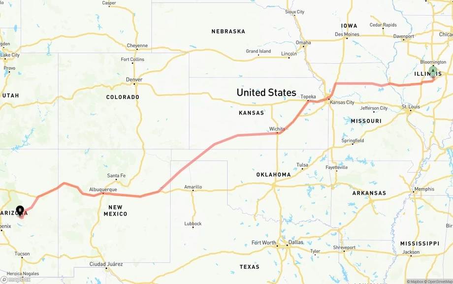 Illinois to Arizona freight shipping route map