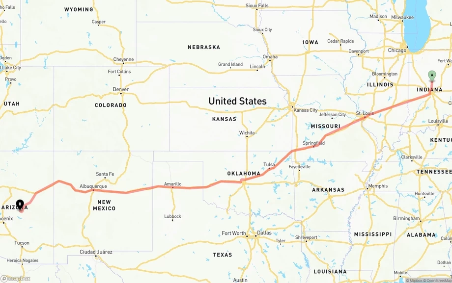 Indiana to Arizona freight shipping route map