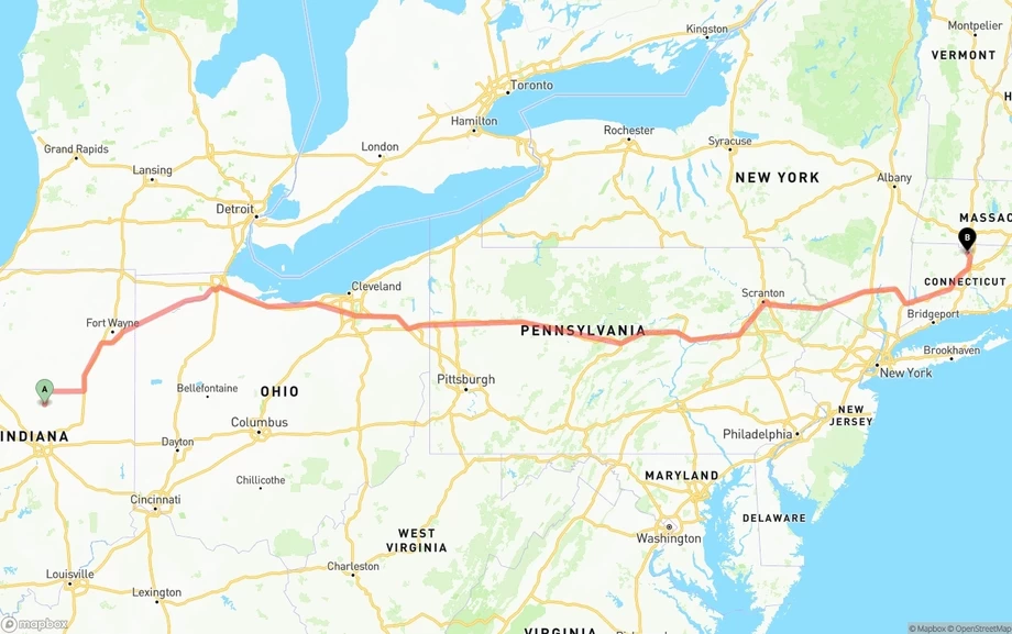 Indiana to Bradley International Airport freight shipping route map