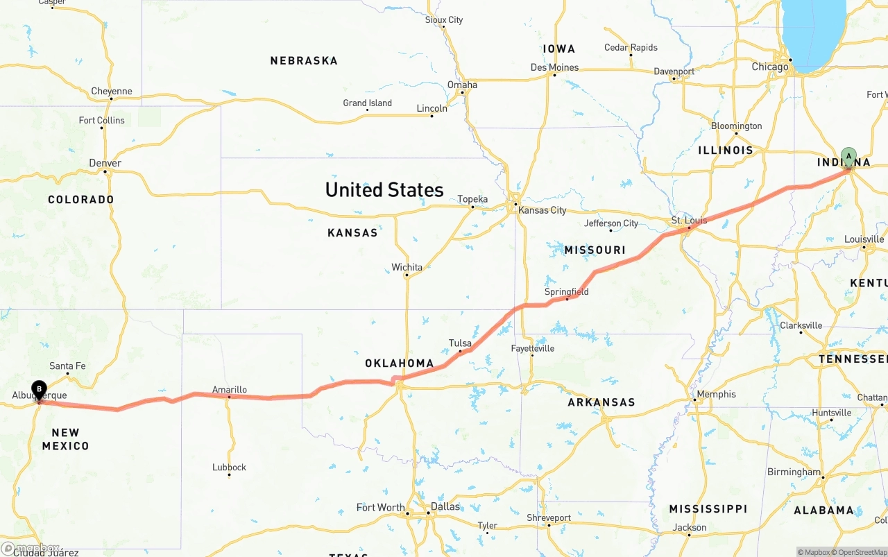 Shipping route from Indianapolis to Albuquerque