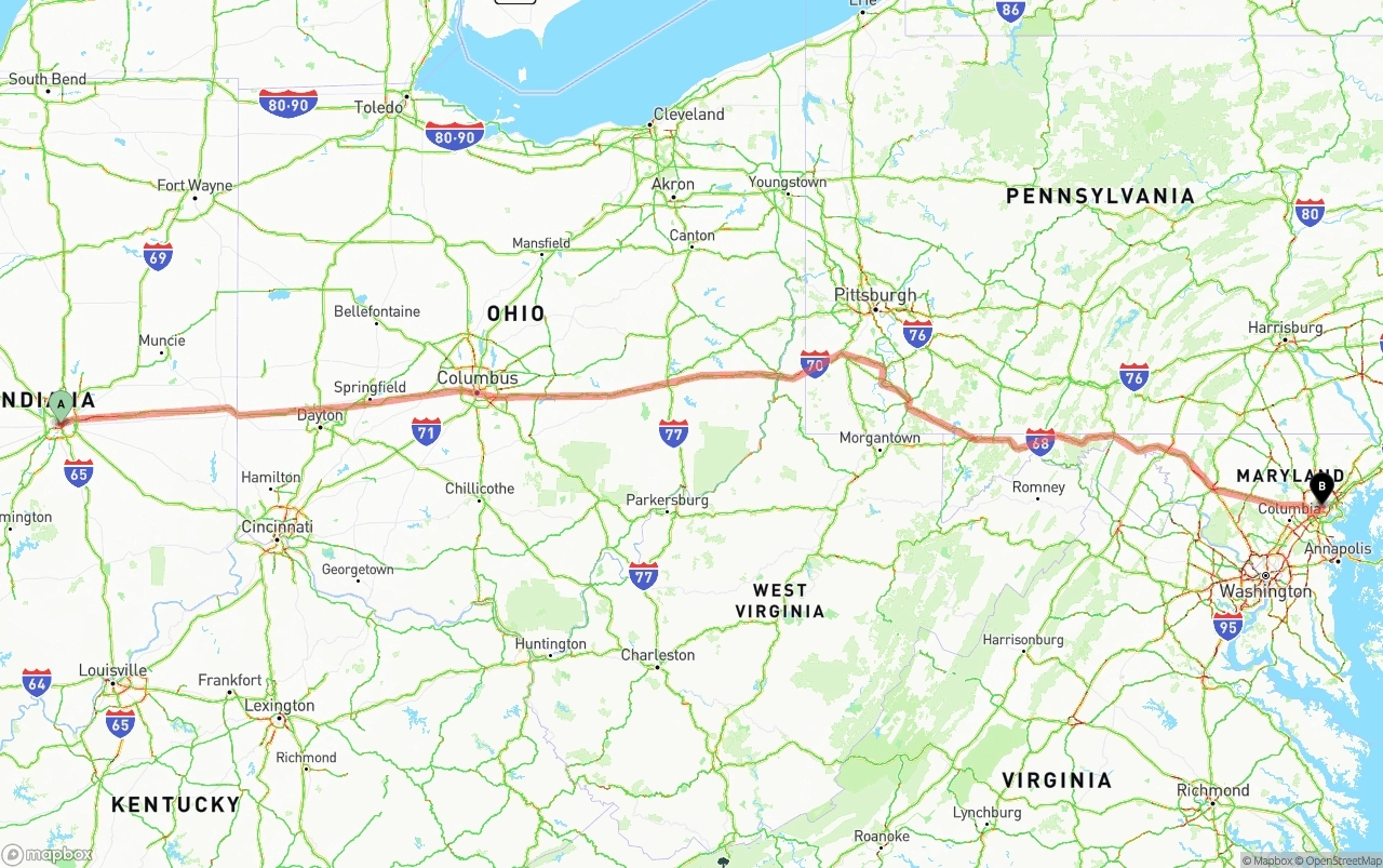 Shipping route from Indianapolis to Baltimore