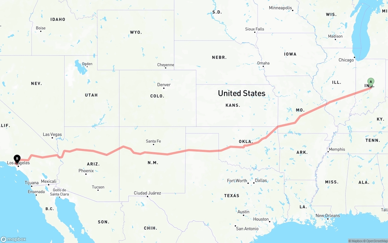 Shipping route from Indianapolis to Bob Hope Airport