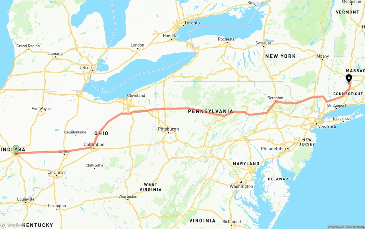Shipping route from Indianapolis to Bradley International Airport