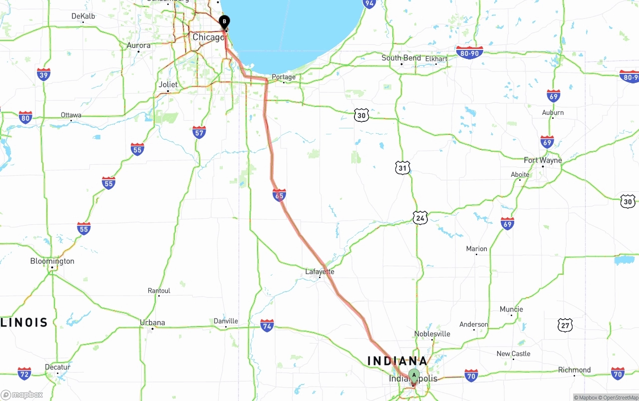Shipping route from Indianapolis to Chicago
