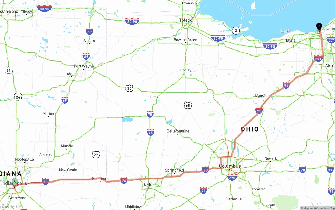 Shipping route from Indianapolis to Cleveland