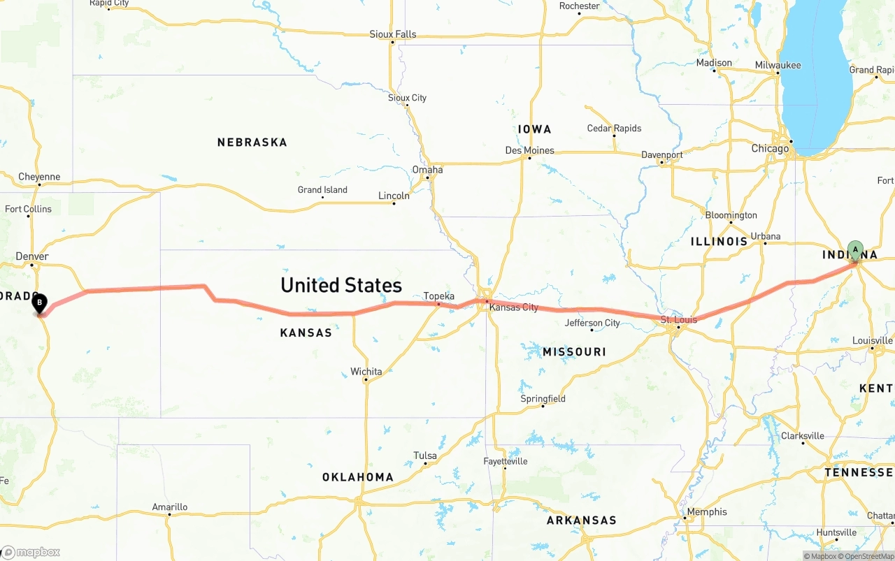 Shipping route from Indianapolis to Colorado Springs
