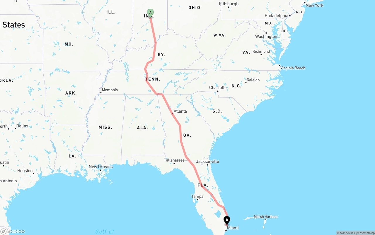 Shipping route from Indianapolis to Ft. Lauderdale