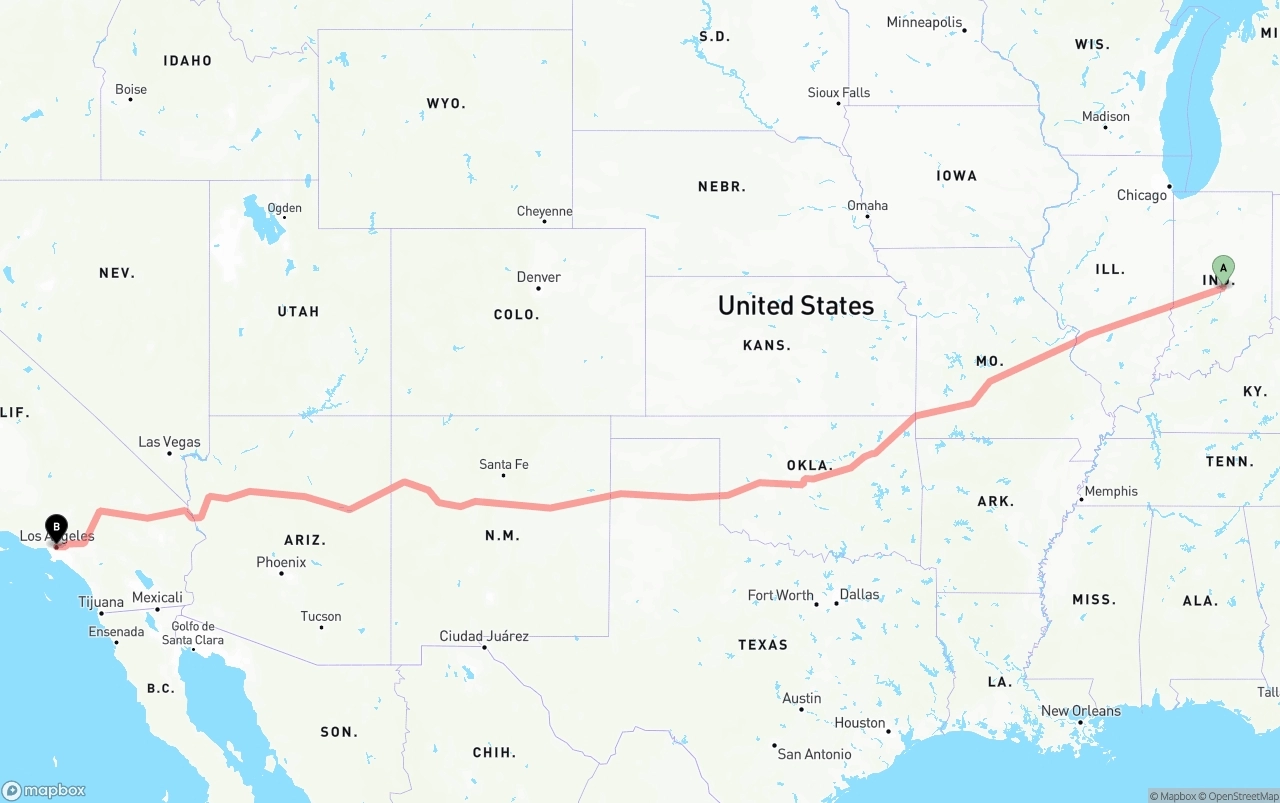 Shipping route from Indianapolis to Los Angeles