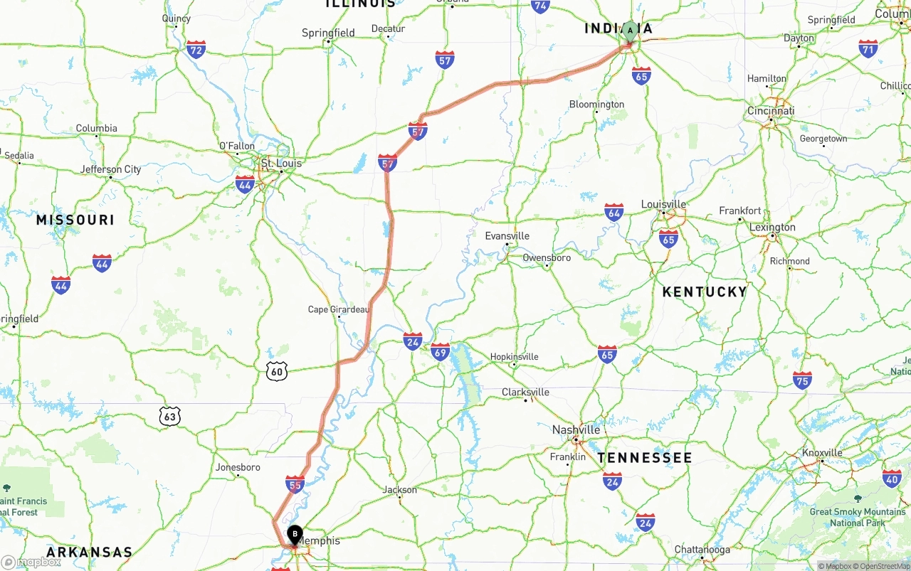 Shipping route from Indianapolis to Memphis