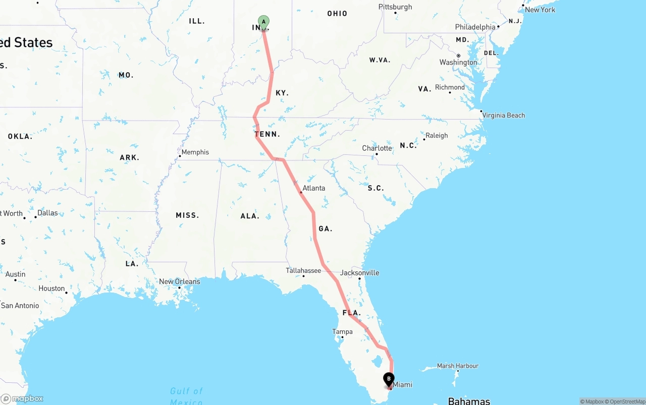 Shipping route from Indianapolis to Miami International Airport