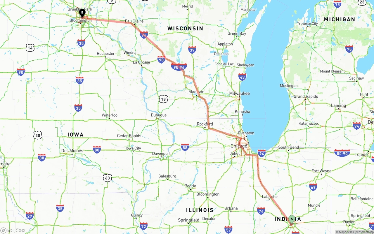 Shipping route from Indianapolis to Minneapolis