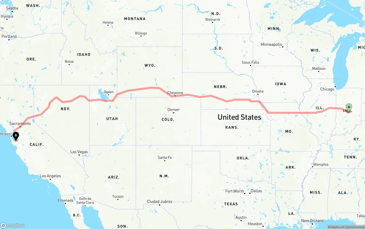 Shipping route from Indianapolis to Norman Y. Mineta San Jose International Airport