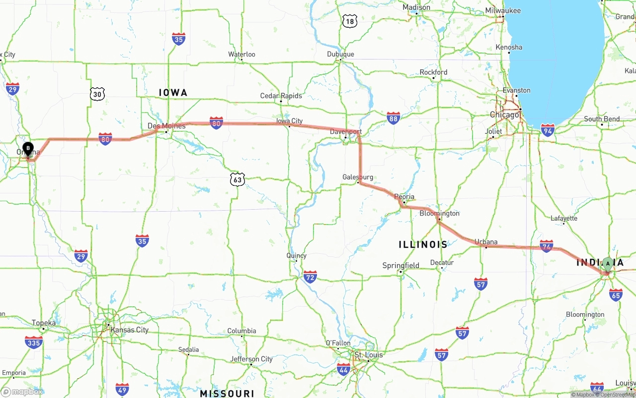Shipping route from Indianapolis to Omaha