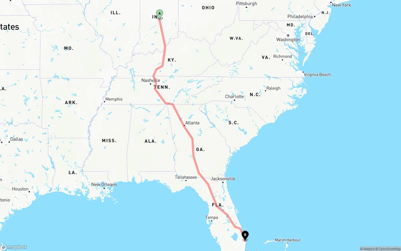 Shipping route from Indianapolis to Palm Beach International Airport
