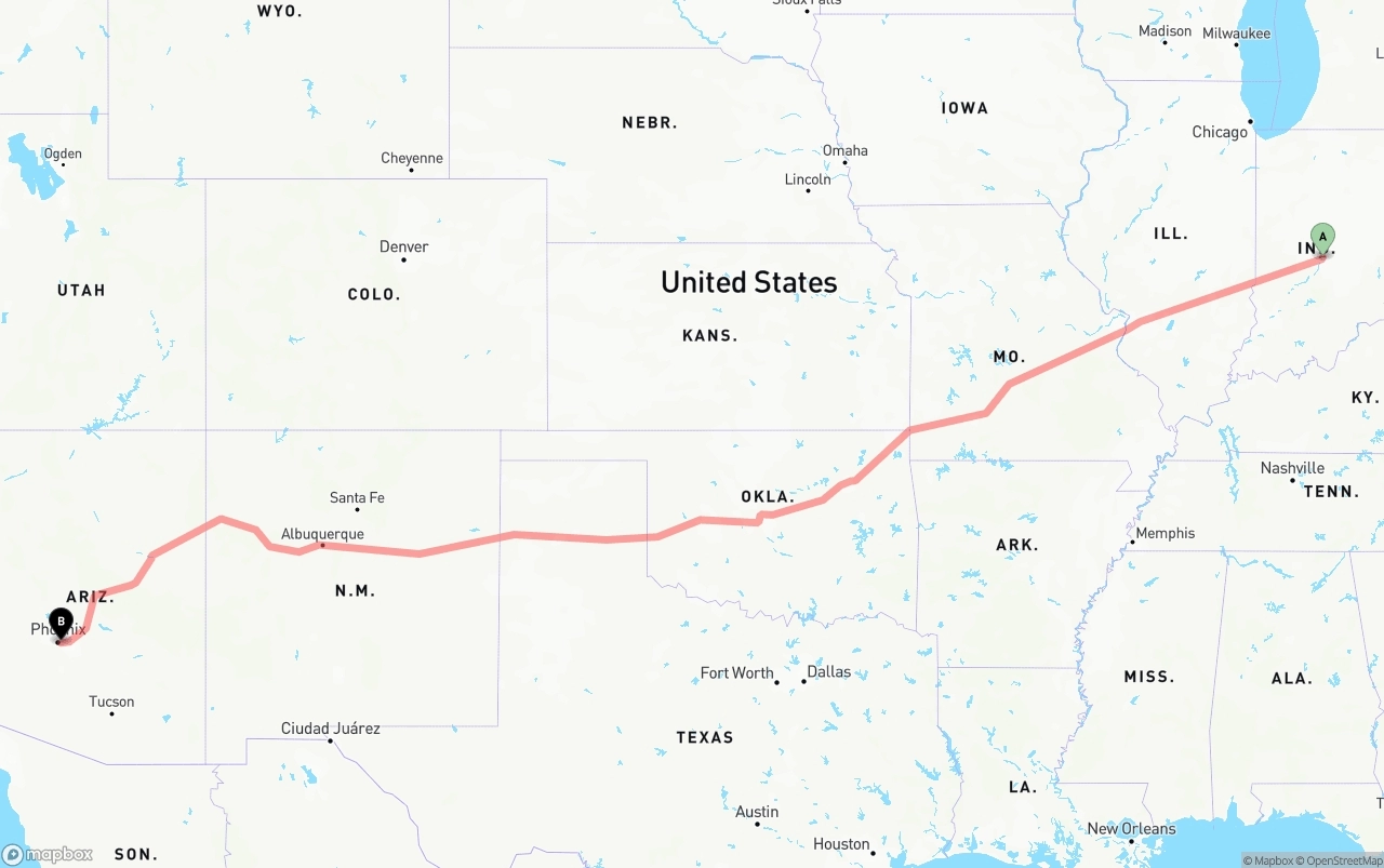 Shipping route from Indianapolis to Phoenix Sky Harbor International Airport