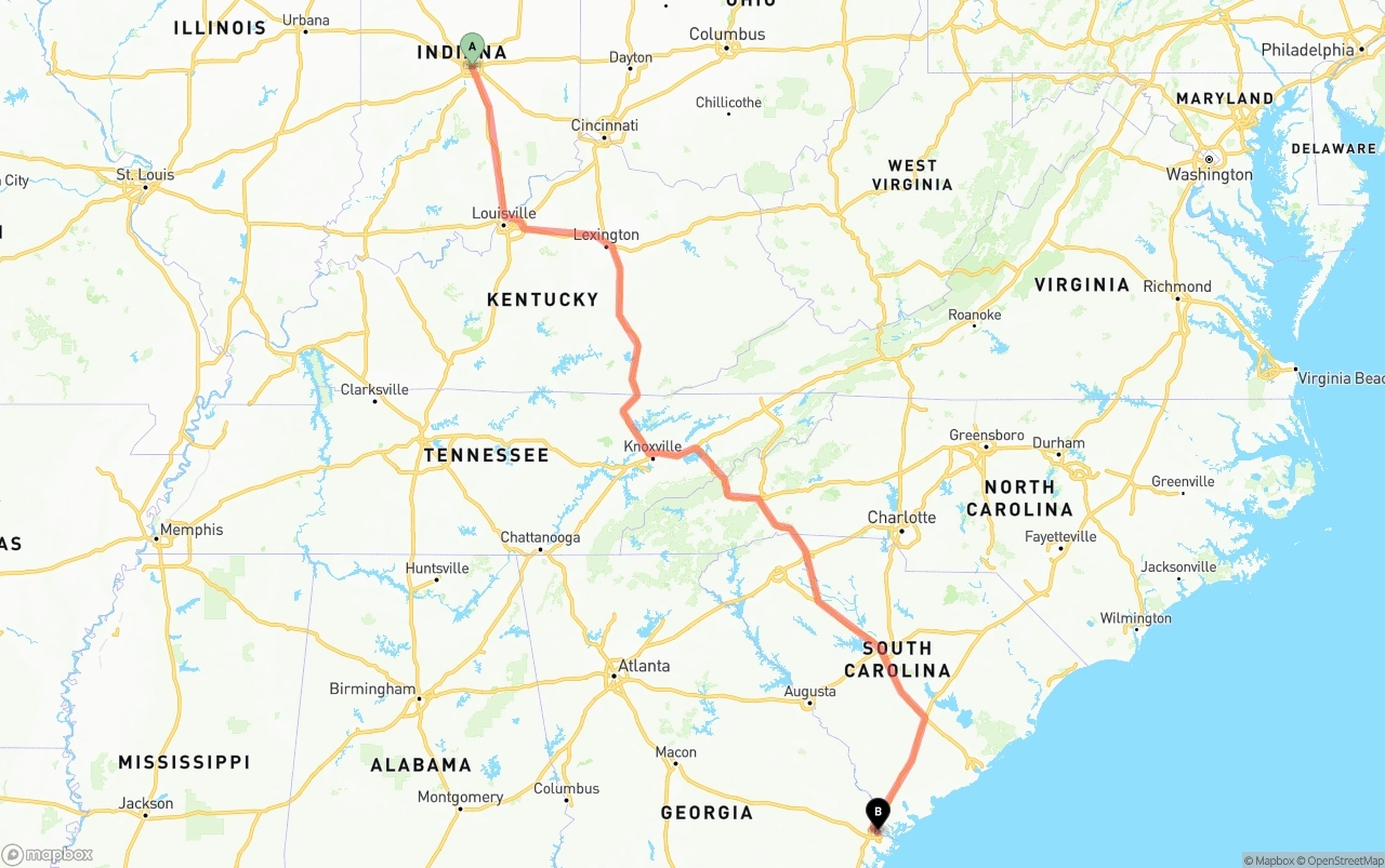Shipping route from Indianapolis to Port of Savannah