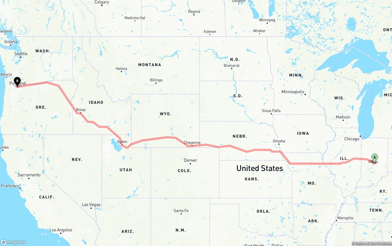 Shipping route from Indianapolis to Portland