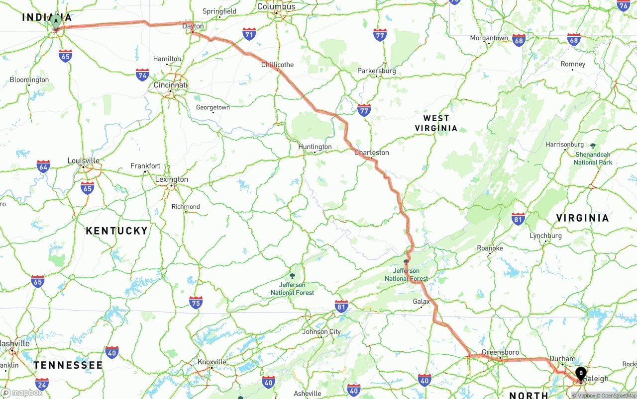 Shipping route from Indianapolis to Raleigh