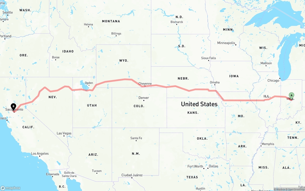Shipping route from Indianapolis to Sacramento International Airport