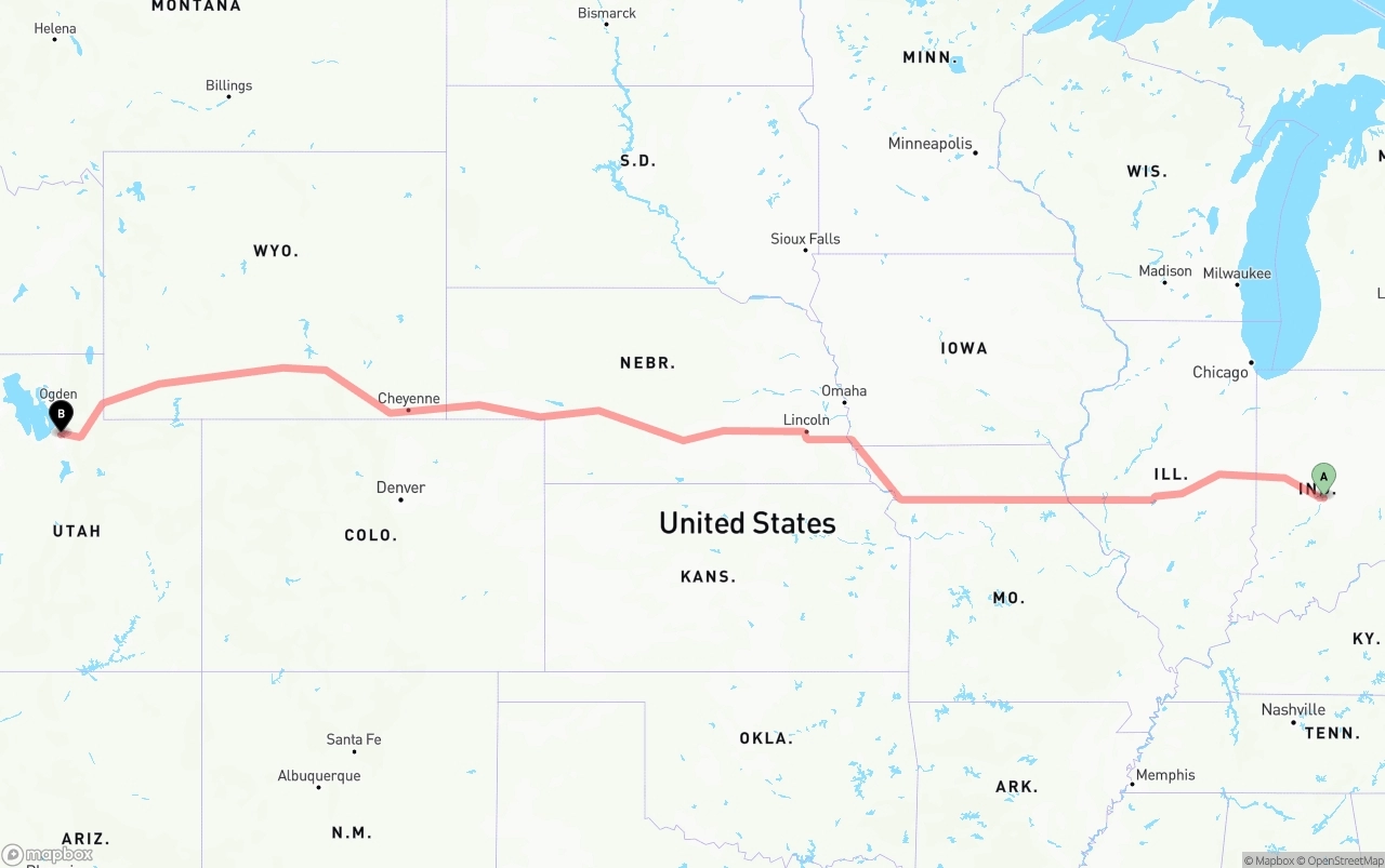 Shipping route from Indianapolis to Salt Lake City