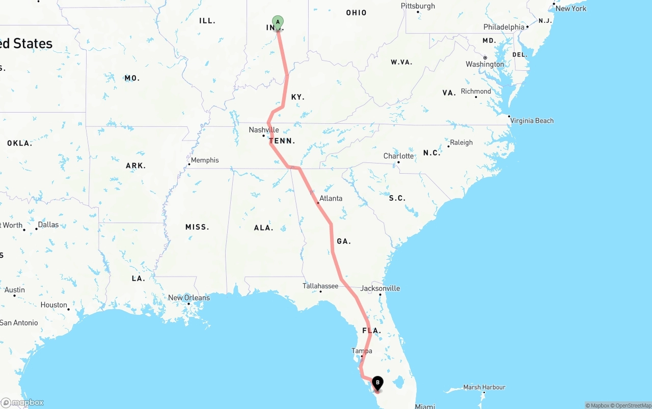 Shipping route from Indianapolis to Southwest Florida International Airport
