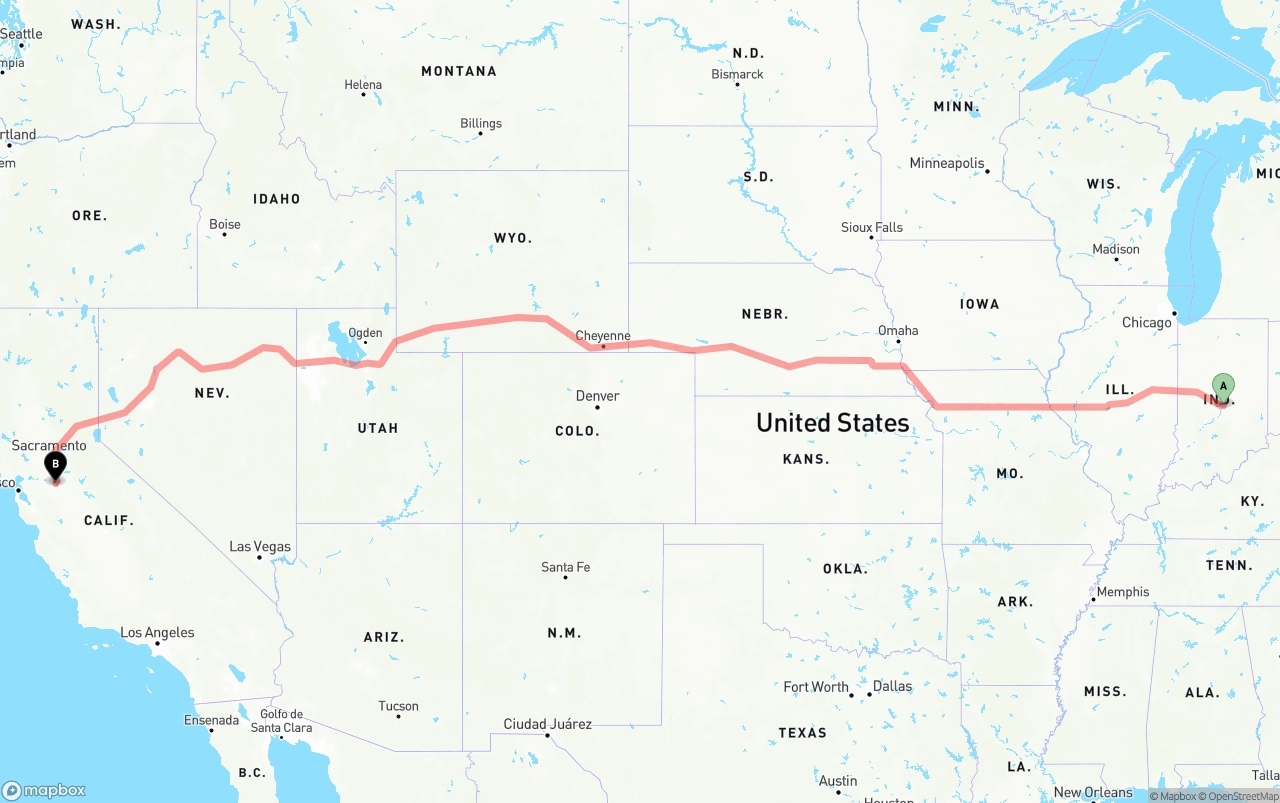 Shipping route from Indianapolis to Stockton
