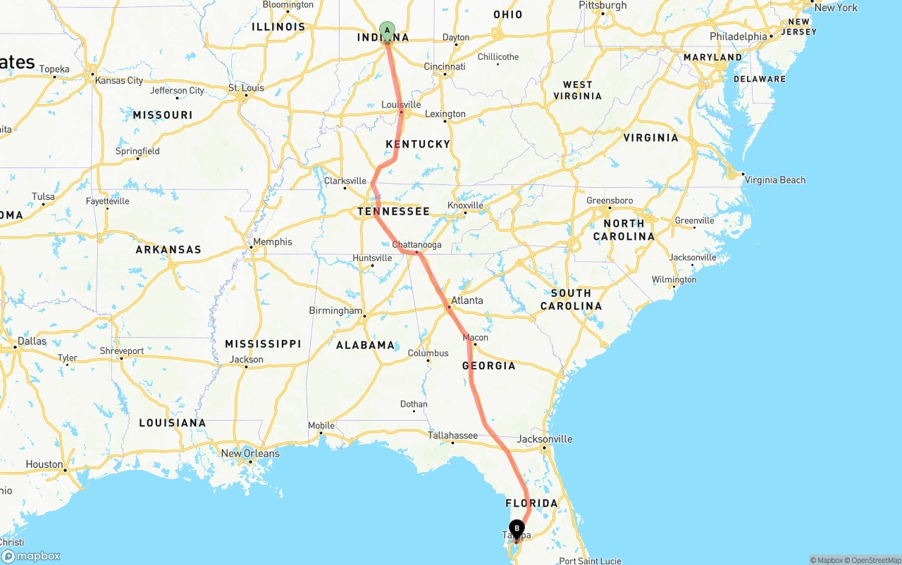 Shipping route from Indianapolis to Tampa