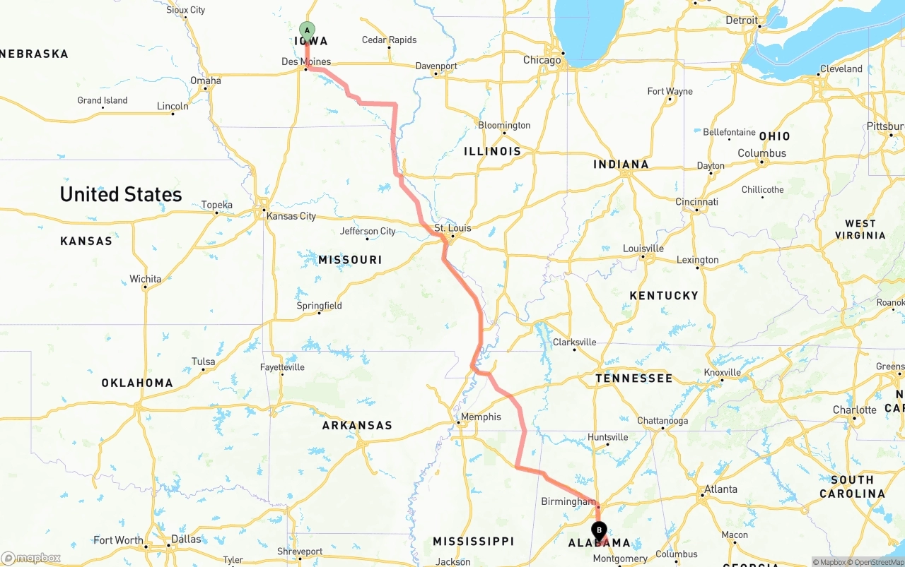 Shipping route from Iowa to Alabama