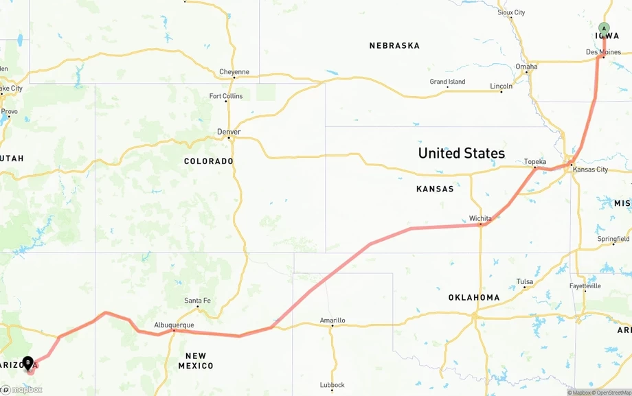 Iowa to Arizona freight shipping route map