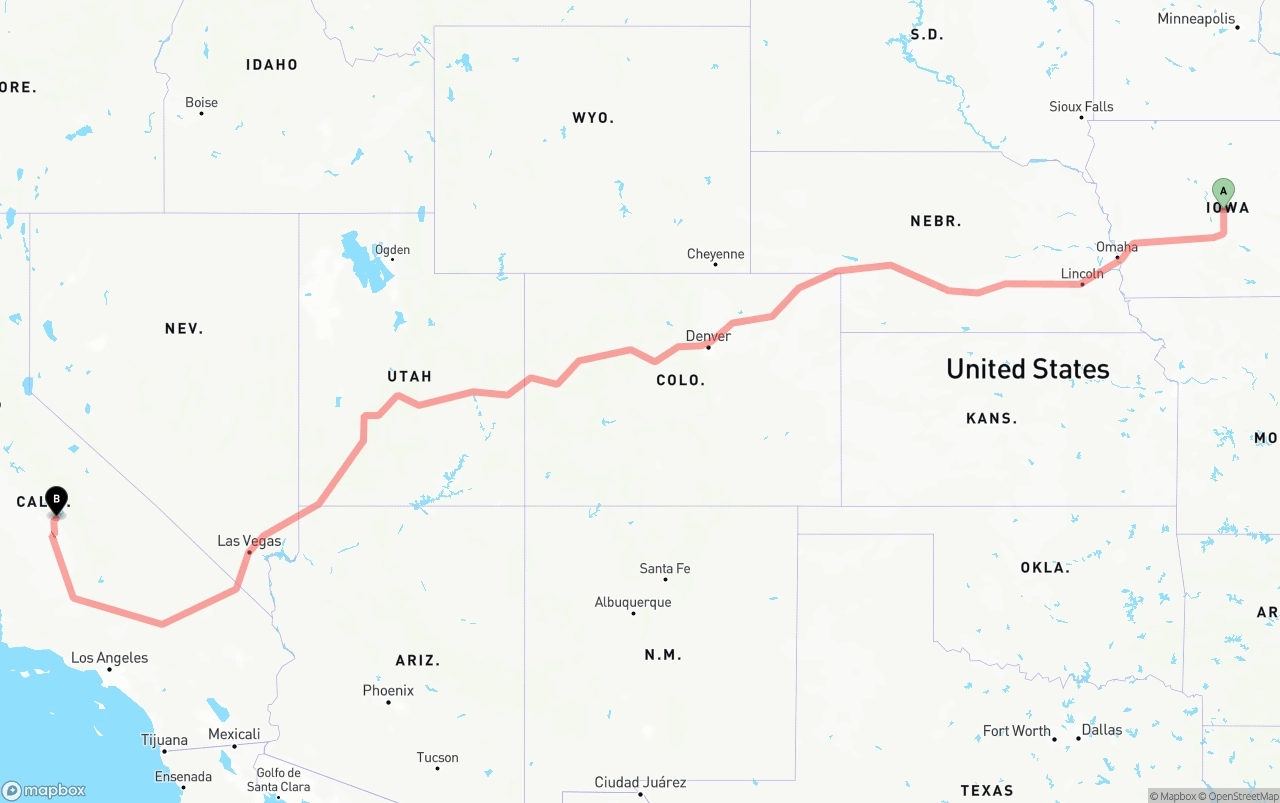 Shipping route from Iowa to California