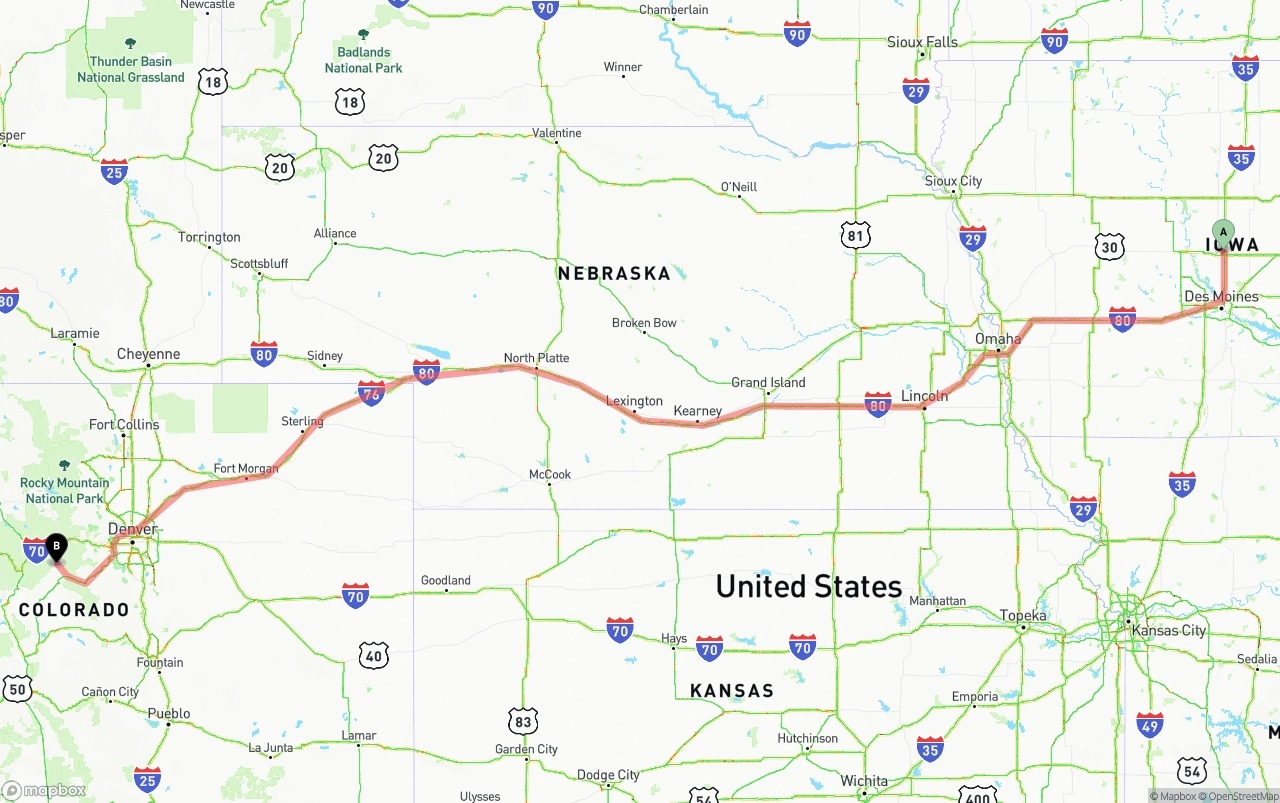 Shipping route from Iowa to Colorado