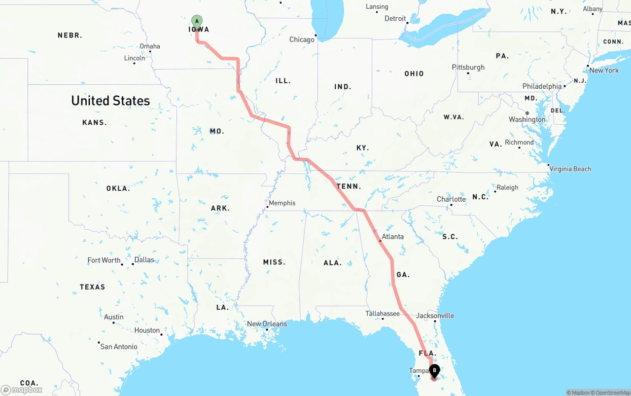 Shipping route from Iowa to Florida