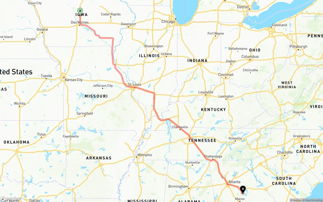 Shipping route from Iowa to Georgia