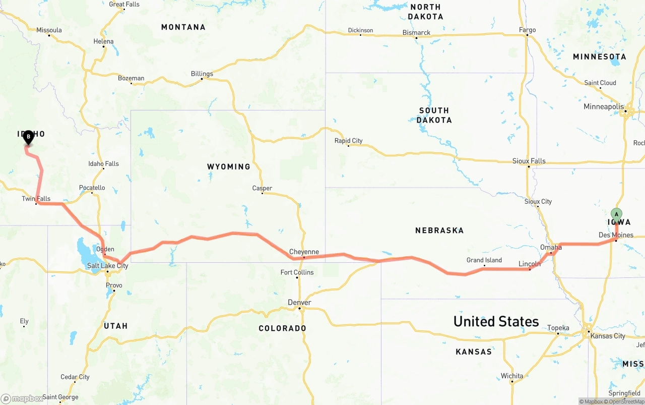 Shipping route from Iowa to Idaho